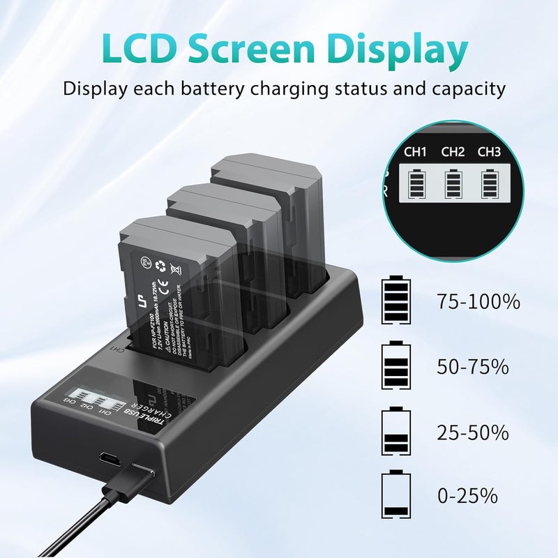 L & P NP-FZ100 Battery Charger, 3-Slot USB Charger with LCD Display, Compatible with Sony A9 A9R A9S A9II A7C A7CII A7SIII A7III A7RIII A7RIV A7IV A6600 A6700 ZV-E1 Cameras, Battery Charger for np-fz100 - Image 4